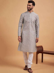 Grey Ethnic Motif Embroidered Chikankari Straight Kurta - Inddus.com