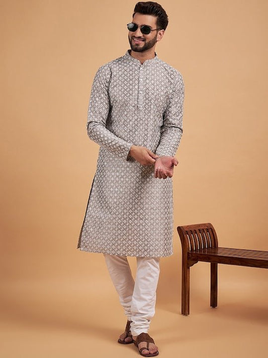 Grey Ethnic Motif Embroidered Chikankari Straight Kurta - Inddus.com
