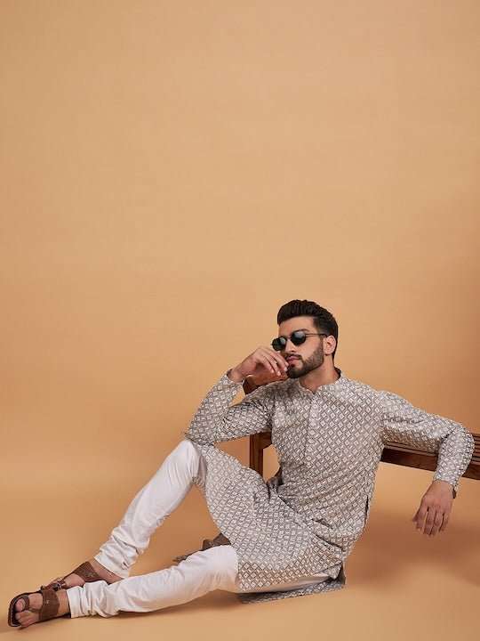 Grey Ethnic Motif Embroidered Chikankari Straight Kurta - Inddus.com