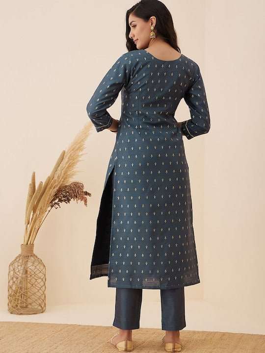 Grey Ethnic Motif Woven Design Straight Kurta with Trousers - Inddus.com