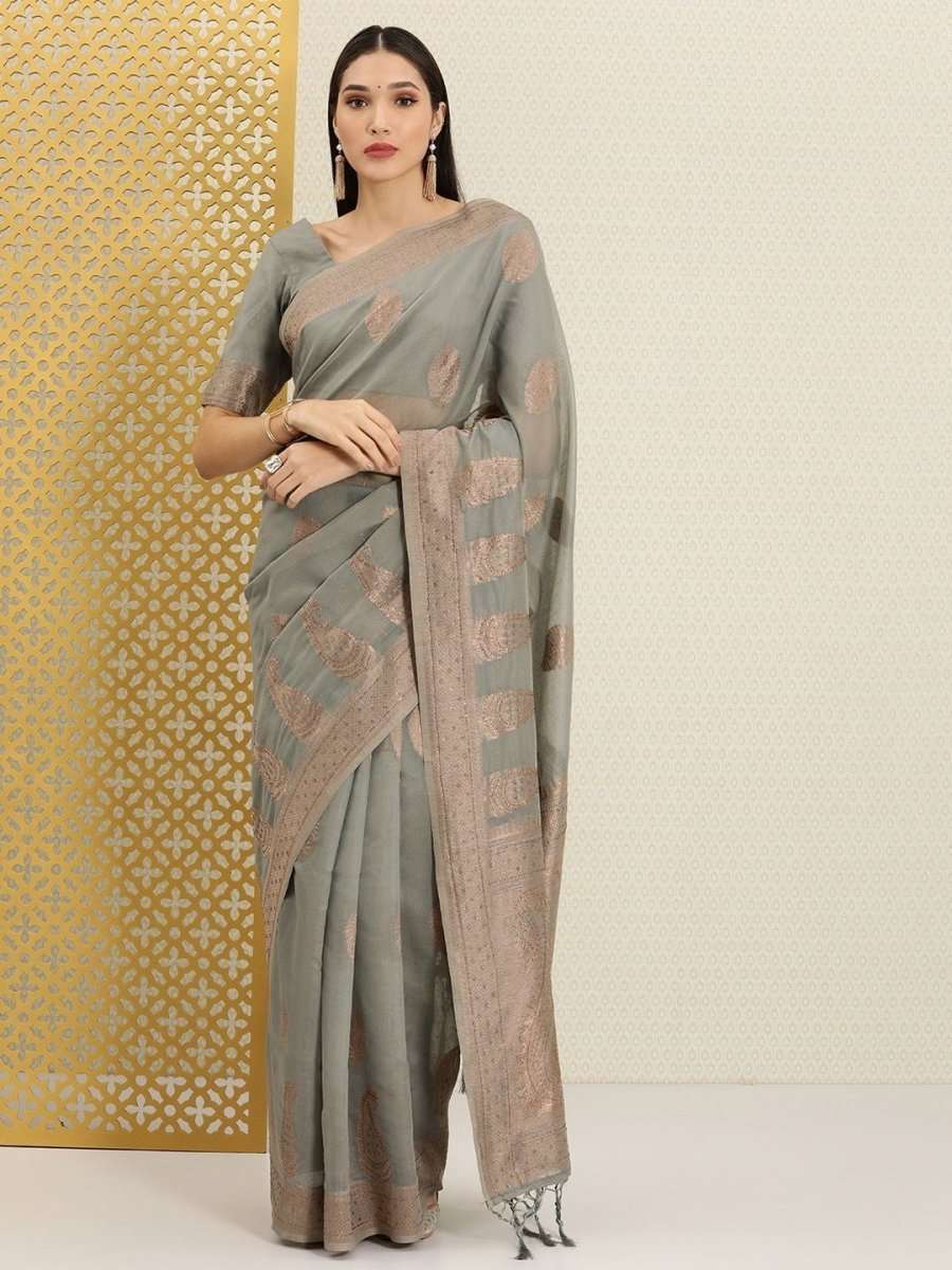 Grey Ethnic Motifs Zari Woven Embellished Saree - Inddus.com