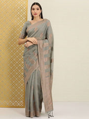 Grey Ethnic Motifs Zari Woven Embellished Saree - Inddus.com