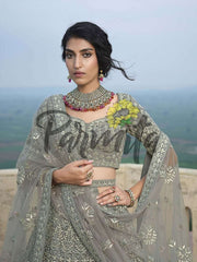 Grey Hand Embroidered Lehenga Choli Set - Inddus.com