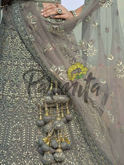 Grey Hand Embroidered Lehenga Choli Set - Inddus.com