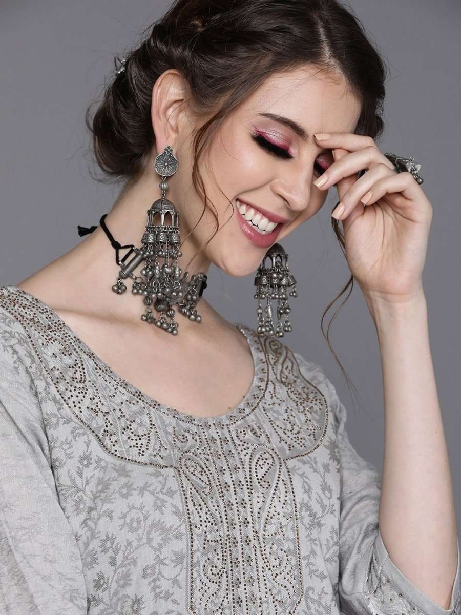 Grey Jacquard Woven Design Straight Cut Suit - Inddus.com
