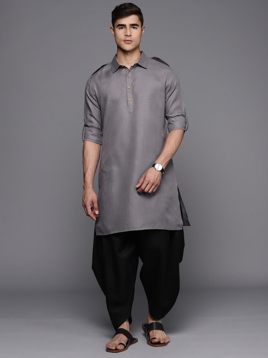 Grey Linen Pathani Kurta with Dhoti Pants - Inddus.com