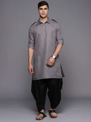 Grey Linen Pathani Kurta with Dhoti Pants - Inddus.com