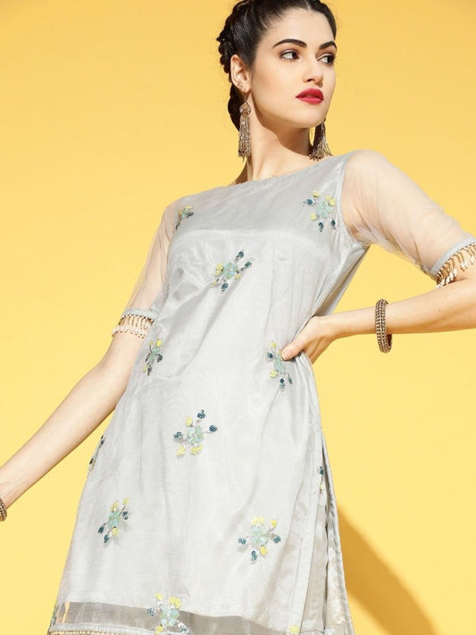 Grey Net Embroidered Kurta with Sharara and Net Dupatta - Inddus.com