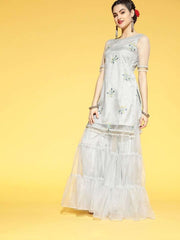 Grey Net Embroidered Kurta with Sharara and Net Dupatta - Inddus.com