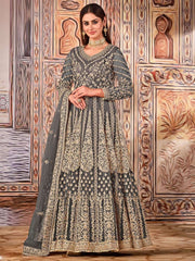 Grey Net Festive Wear Anarkali Suit - Inddus.com