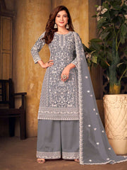 Grey Net Partywear Palazzo Suit - Inddus.com