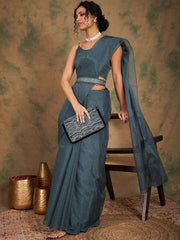 Grey Organza Belted Saree - Inddus.com
