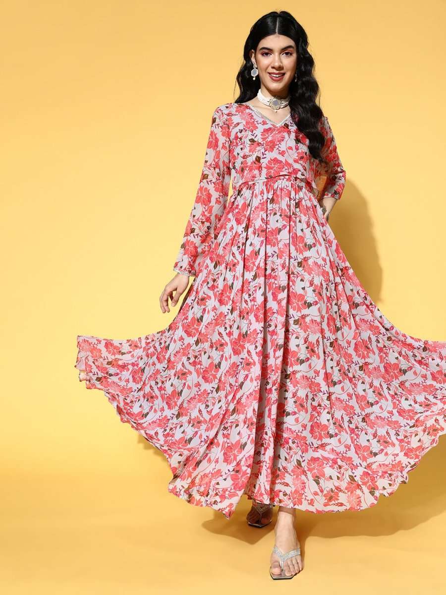 Grey & Peach Fit and Flared Floral Printed Gown - Inddus.com