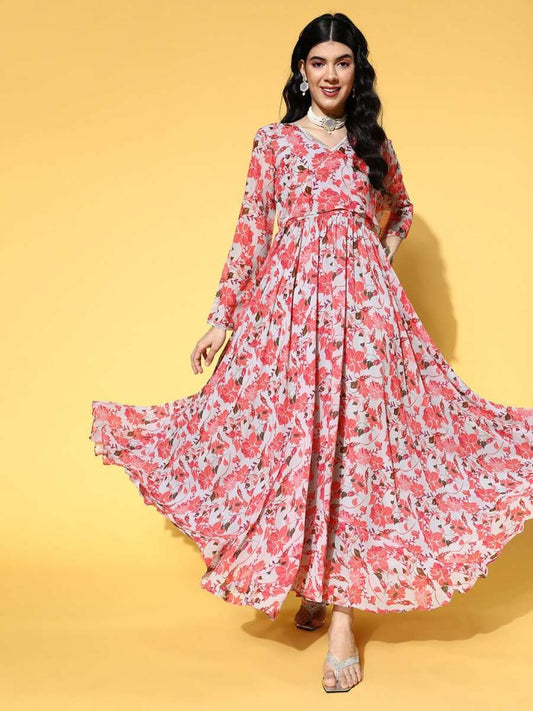 Grey & Peach Fit and Flared Floral Printed Gown - Inddus.com