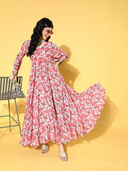 Grey & Peach Fit and Flared Floral Printed Gown - Inddus.com