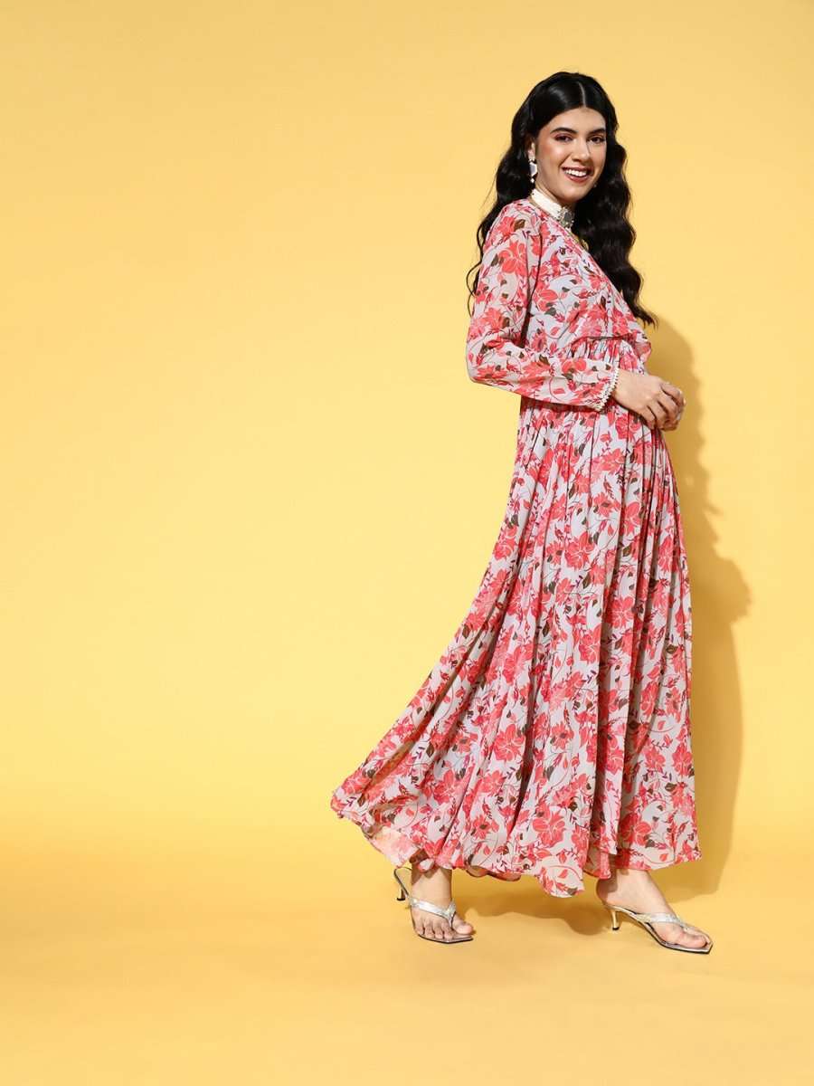 Grey & Peach Fit and Flared Floral Printed Gown - Inddus.com