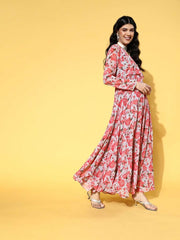 Grey & Peach Fit and Flared Floral Printed Gown - Inddus.com