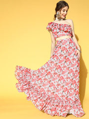 Grey & Peach Georgette Floral Printed Top & Skirt Co-ords Set - Inddus.com