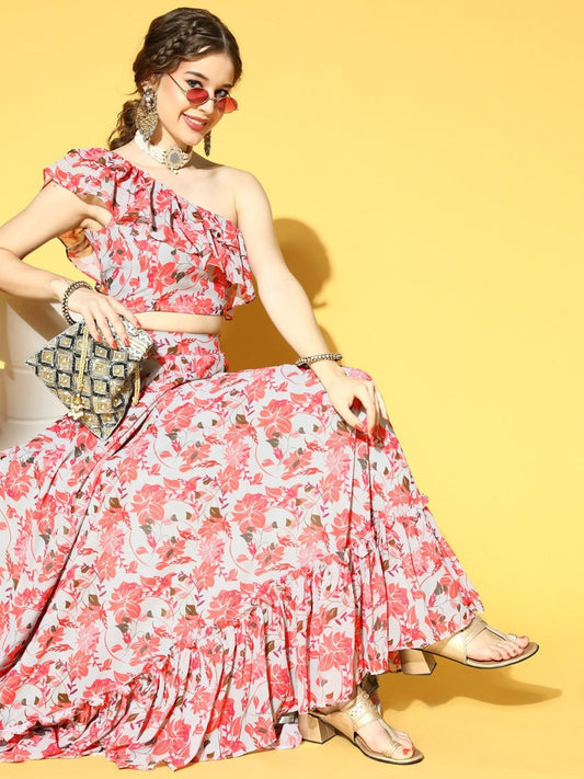 Grey & Peach Georgette Floral Printed Top & Skirt Co-ords Set - Inddus.com