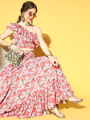 Grey & Peach Georgette Floral Printed Top & Skirt Co-ords Set - Inddus.com