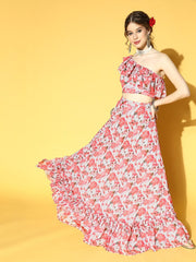 Grey & Peach Georgette Floral Printed Top & Skirt Co-ords Set - Inddus.com