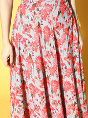 Grey & Peach Georgette Floral Printed Top & Skirt Co-ords Set - Inddus.com