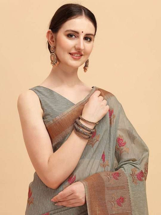 Grey & Red Ethnic Motifs Embroidered Cotton Blend Saree - Inddus.com