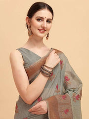 Grey & Red Ethnic Motifs Embroidered Cotton Blend Saree - Inddus.com