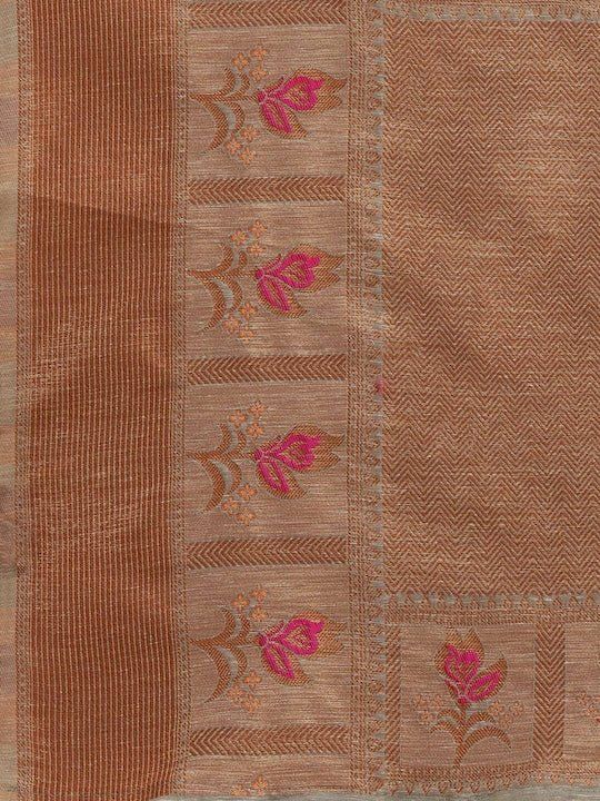 Grey & Red Ethnic Motifs Embroidered Cotton Blend Saree - Inddus.com