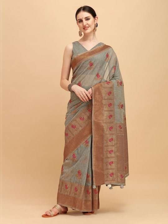 Grey & Red Ethnic Motifs Embroidered Cotton Blend Saree - Inddus.com