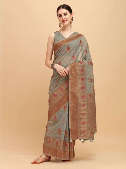 Grey & Red Ethnic Motifs Embroidered Cotton Blend Saree - Inddus.com