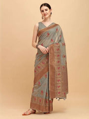 Grey & Red Ethnic Motifs Embroidered Cotton Blend Saree - Inddus.com