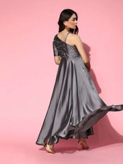 Grey Sequinned Embroidered Flared Gown - Inddus.com
