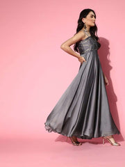Grey Sequinned Embroidered Flared Gown - Inddus.com