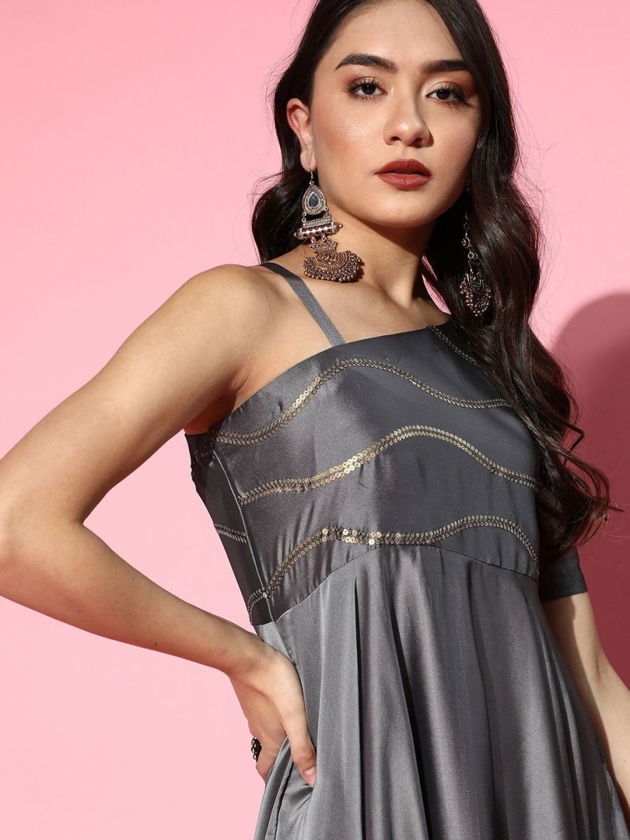 Grey Sequinned Embroidered Flared Gown - Inddus.com