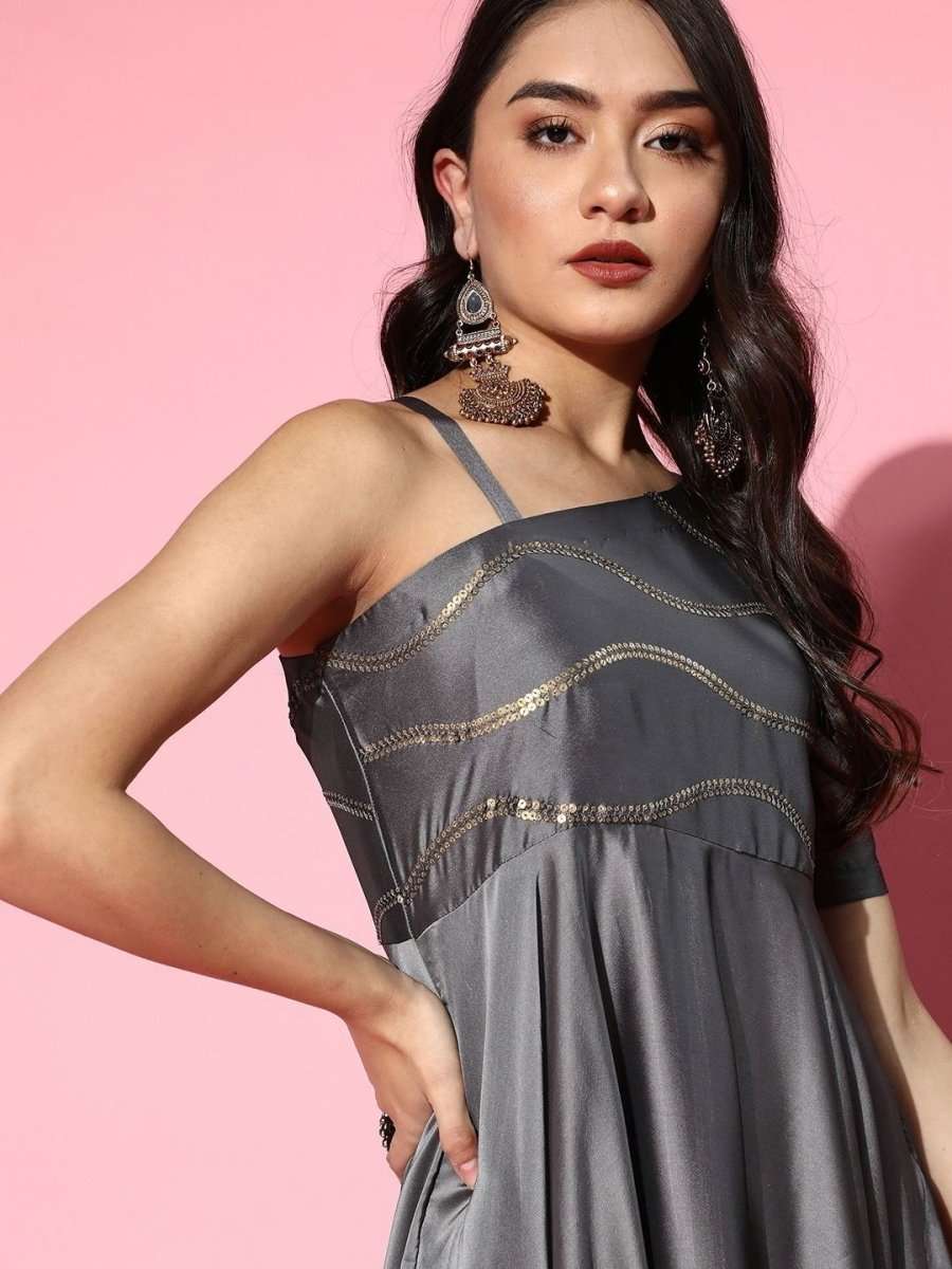 Grey Sequinned Embroidered Flared Gown - Inddus.com