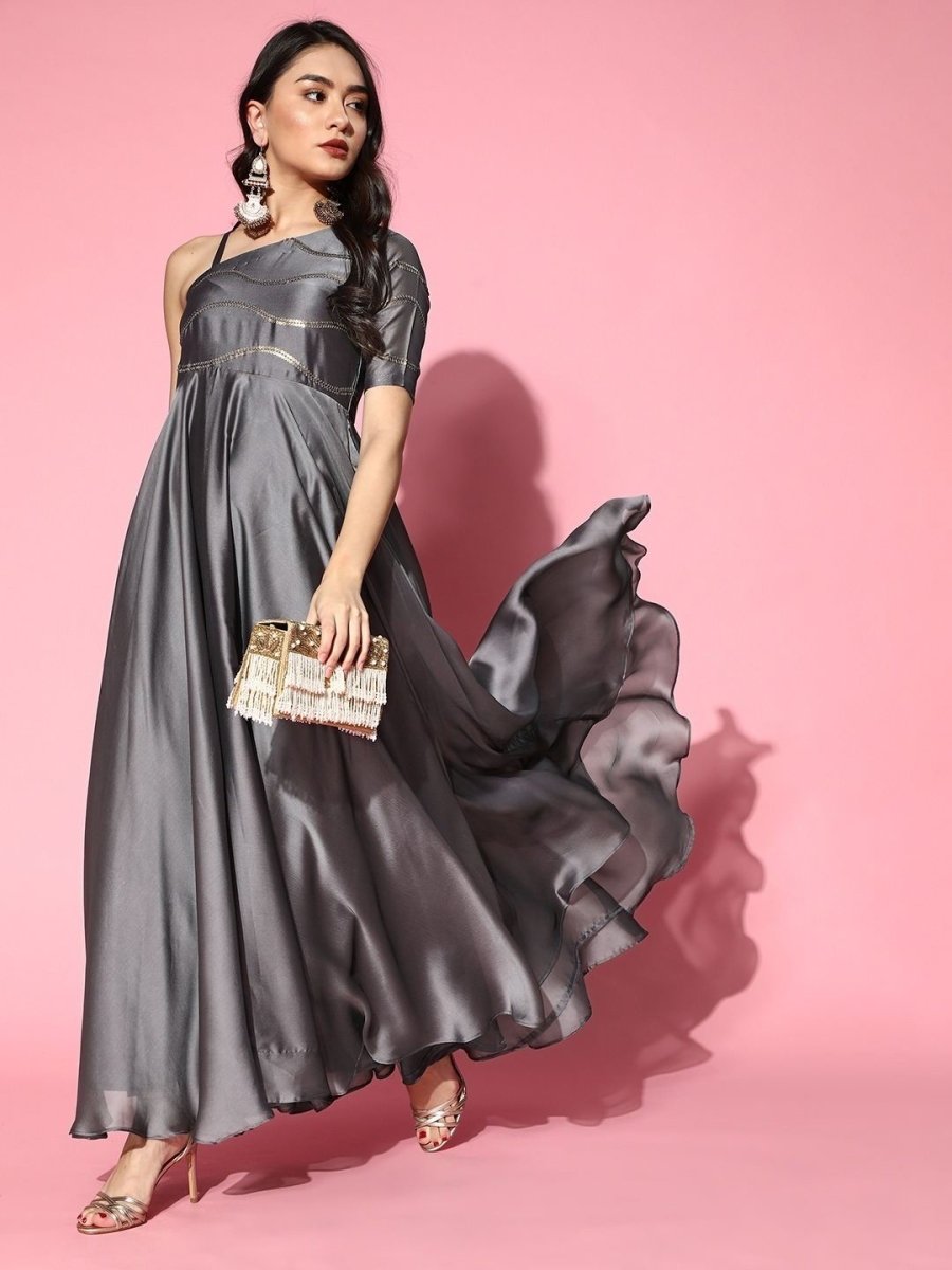 Grey Sequinned Embroidered Flared Gown - Inddus.com