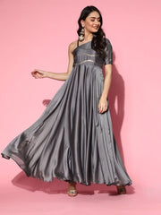 Grey Sequinned Embroidered Flared Gown - Inddus.com