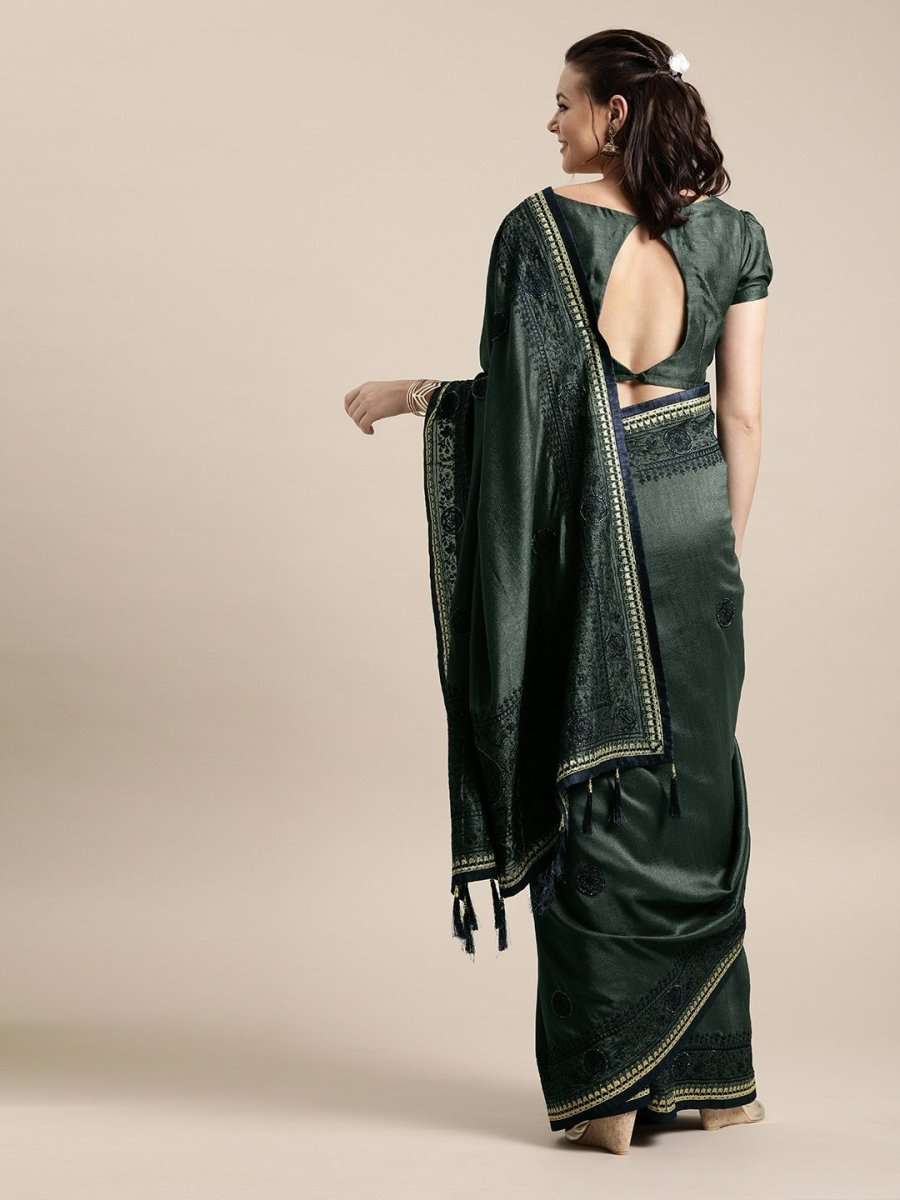 Grey Silk Blend Embroidered Party Wear Traditional Saree - inddus-us