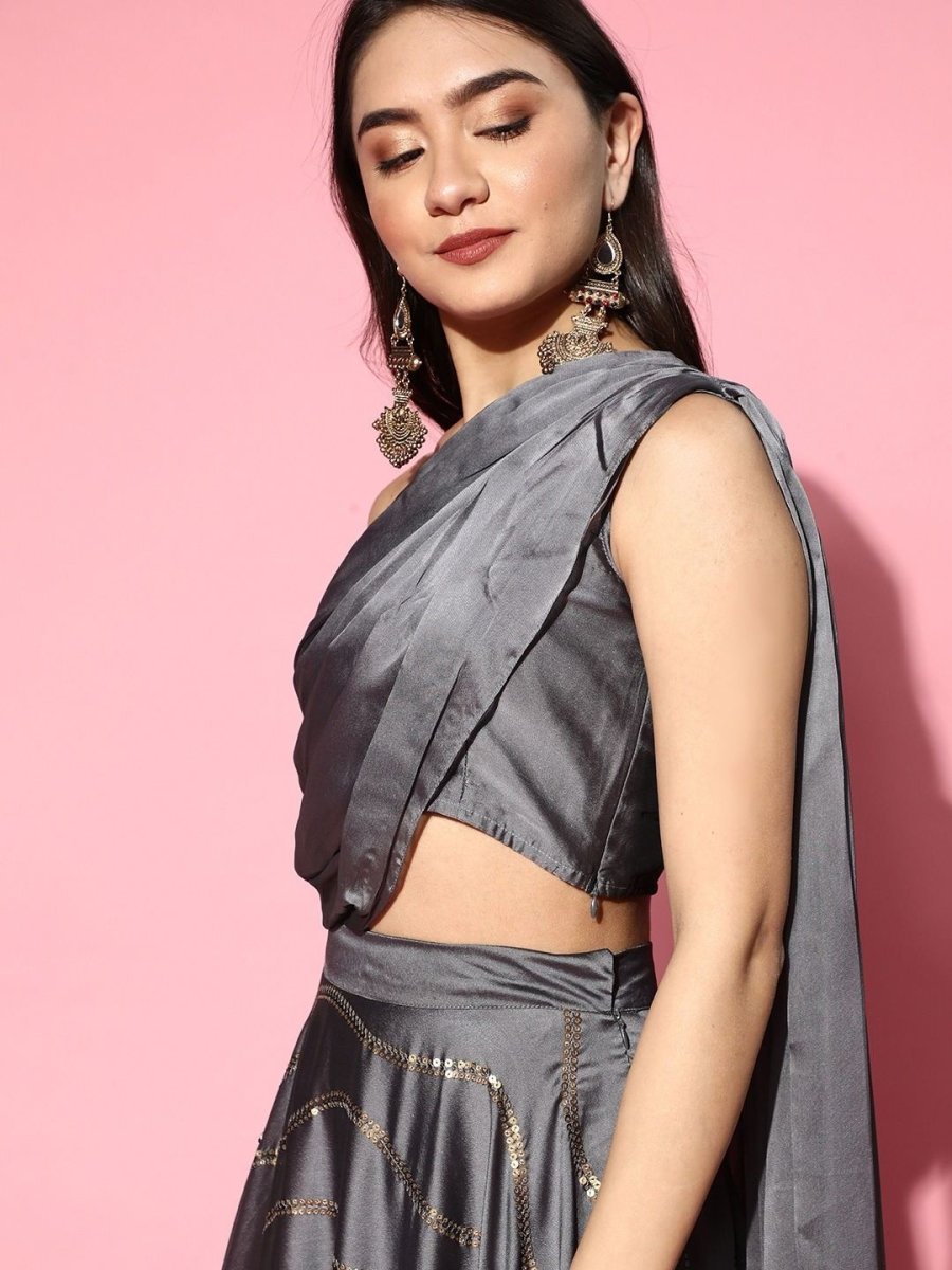 Grey Solid Top with Sequinned Embroidered Skirt - Inddus.com