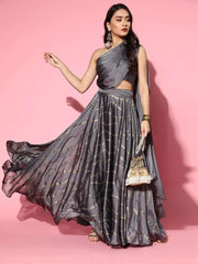 Grey Solid Top with Sequinned Embroidered Skirt - Inddus.com