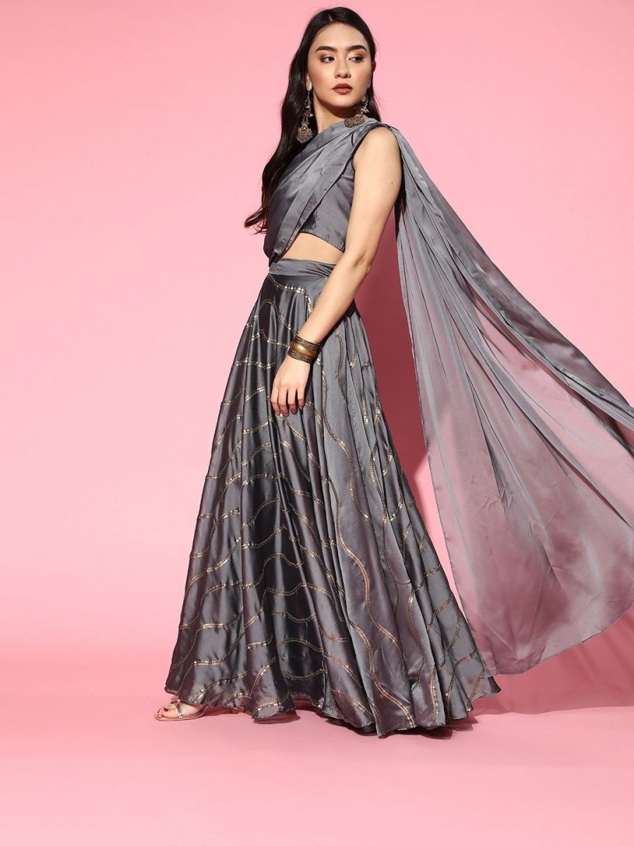 Grey Solid Top with Sequinned Embroidered Skirt - Inddus.com