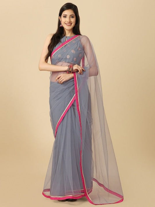 Grey Woven Design Net Saree