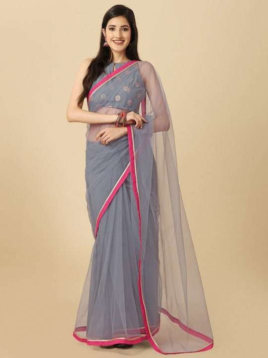 Grey Woven Design Net Saree