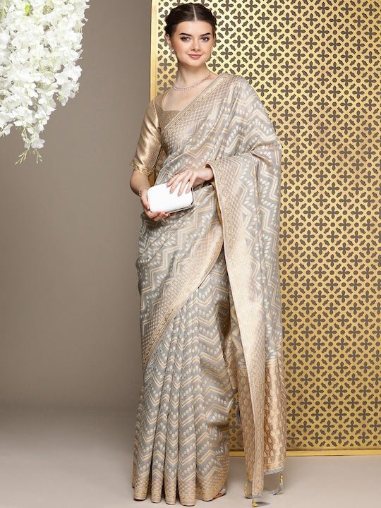 Grey Woven Design Zari Organza Saree - Inddus.com