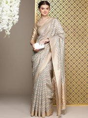 Grey Woven Design Zari Organza Saree - Inddus.com