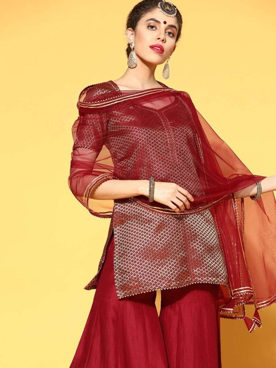 impressive maroon silk blend woven design kurta set