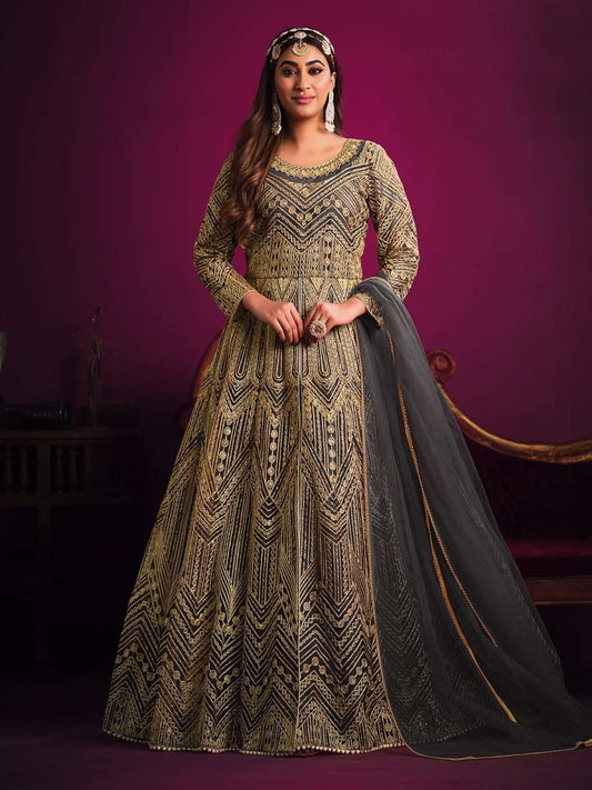 Incredible Grey Net Embroidered Partywear Gown - Inddus.com