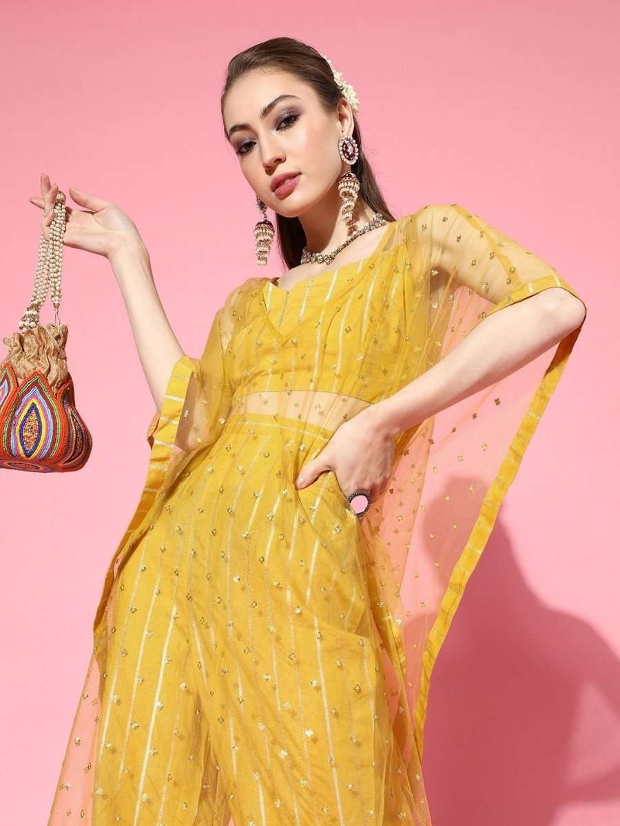 Incredible Mustard Polyester Embellished Crop Top - inddus-us