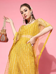 Incredible Mustard Polyester Embellished Crop Top - inddus-us